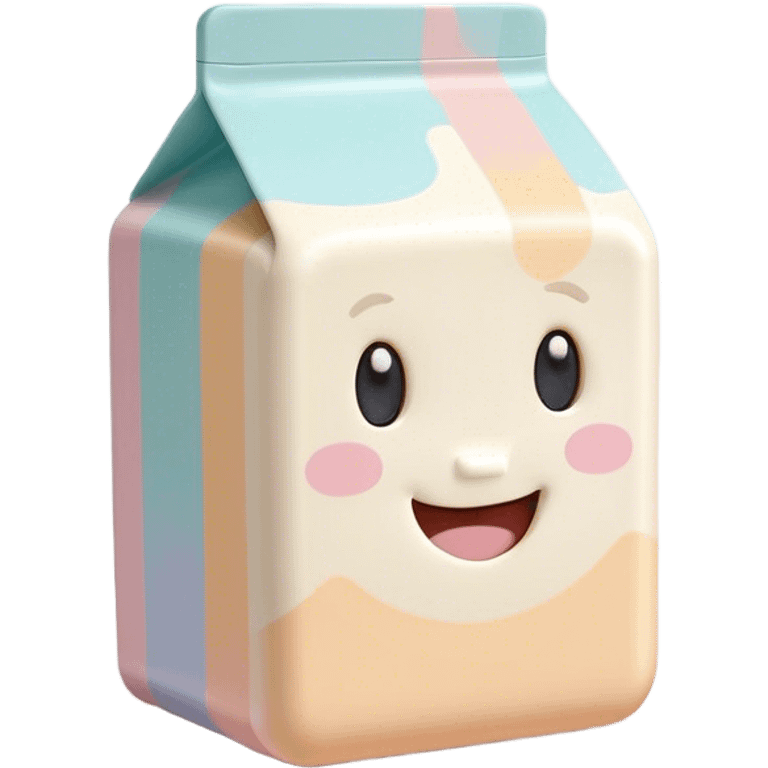 Cinematic adorable milk carton, soft pastel colors, tiny rounded edges, chubby smiling face, warm glowing highlights, gently tilting in a playful pose. emoji