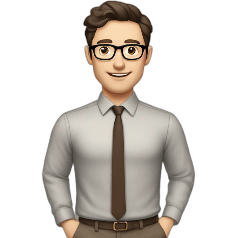 Pale skinned fit man with dark brown hair in gray jacket, beige office shirt, brown tie, brown pants and vintage glasses Writing on the marker board emoji