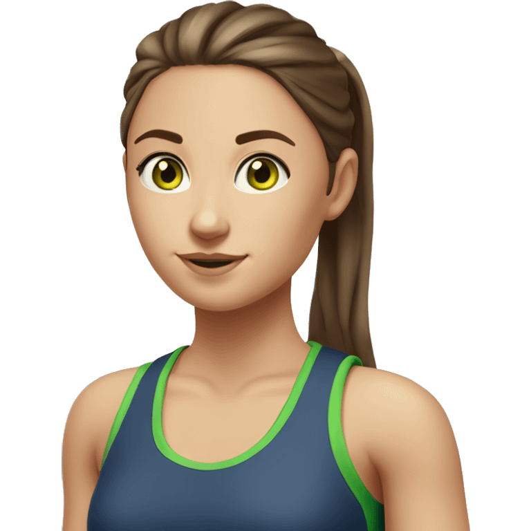 realistic portrait of girl, straight brown hair in a ponytail, sporty figure, sunkissed Skin, Green eyes emoji