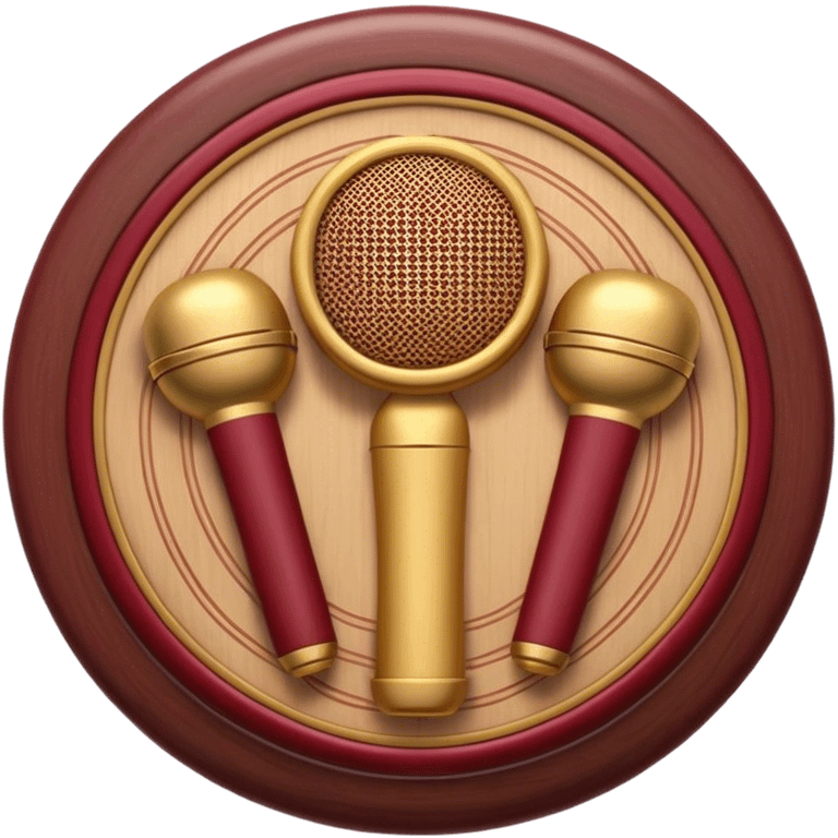 Create a warm and authentic humanless emoji representing folk singing. The design should feature a traditional folk microphone at the center, surrounded by classic instruments such as a bayan (button accordion), gusli (a traditional Russian zither), and a tambourine. Arrange these instruments in a harmonious, circular pattern to evoke a sense of folk music and community performance. Use natural, earthy colors like wood brown, deep red, and golden accents to reflect the rustic and heartfelt spirit of folk music. Add subtle musical notes to the background to convey the rhythm and harmony of the performance. The background should be transparent. emoji