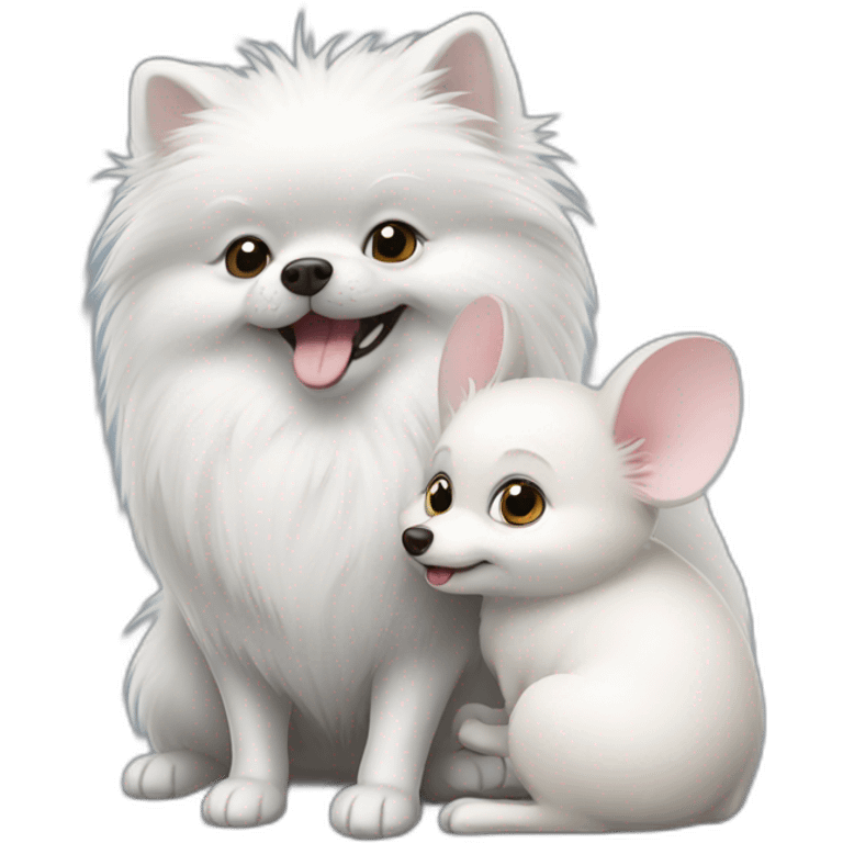 white pomeranian and gray mouse hug emoji