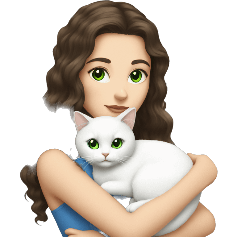 brunette with green eyes holds a white fluffy cat with blue eyes emoji