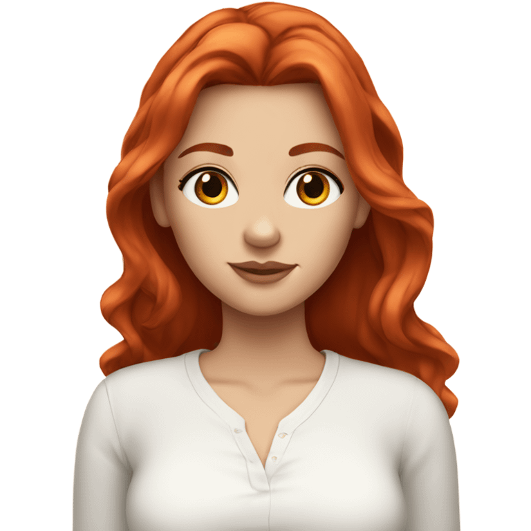 white girl, red hair, long hair, wavy straight hair, white shirt, long lashes emoji