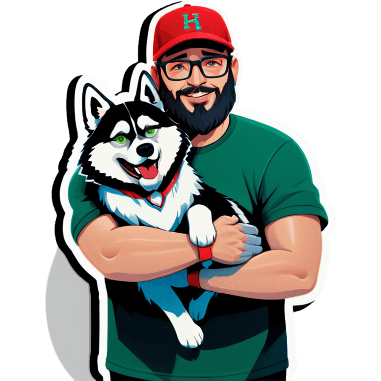 A bold man with a grey baseball cap, green eyes, big beard and glasses hugging a husky emoji