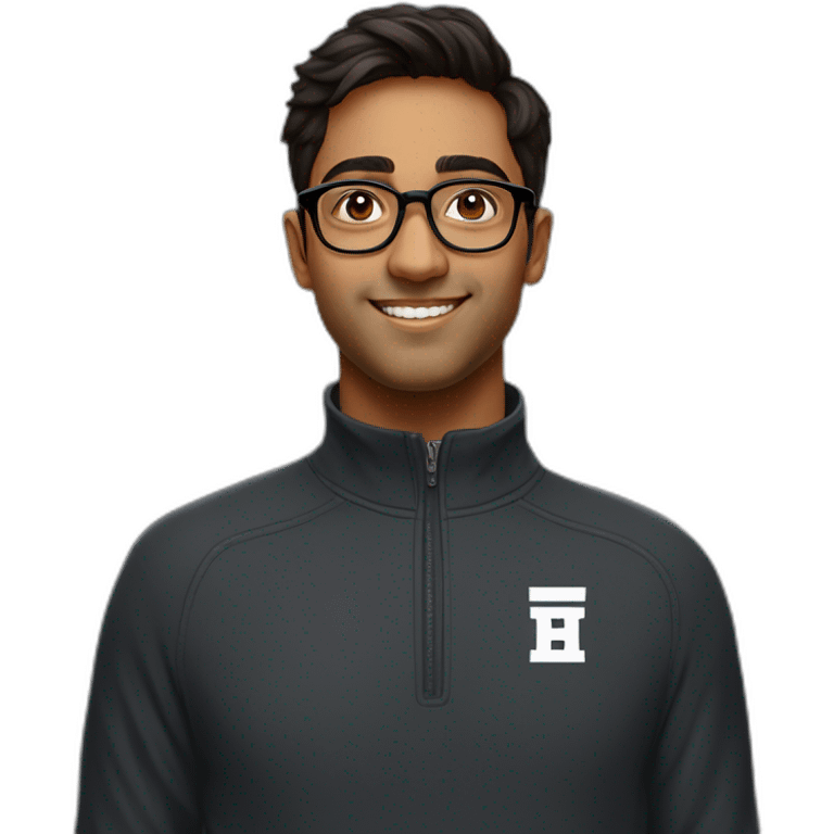 25 year old indian silicon valley creator economy startup founder wearing glasses in a black quarter zip with a harvard logo emoji