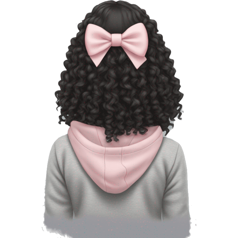 back profile of a black girl with long curly hair with a light pink bow in the back of her hair in a light grey heather hoodie emoji