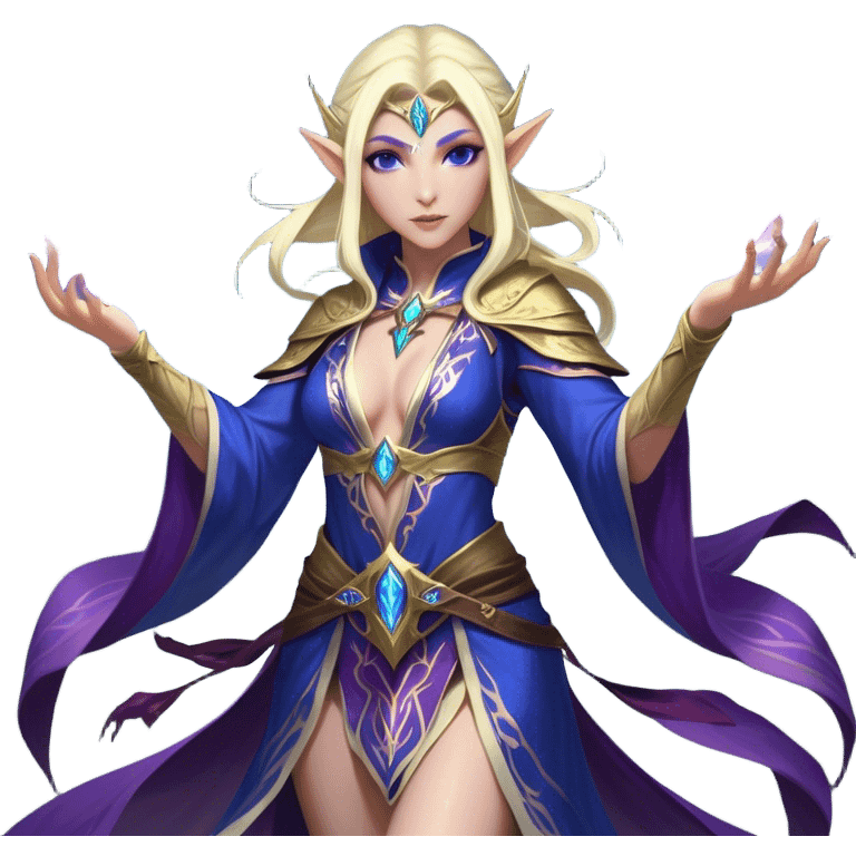 Cinematic Realistic WoW Elf Mage Portrait, captured in a dynamic, battle-ready stance, her graceful form exuding raw arcane energy. Her luminous skin and delicate features, set against an intricately detailed robe in consistent deep blues and purples with golden accents, are rendered with lifelike texture and dynamic, magical lighting, high shine, fierce and commanding, embodying the relentless spirit of an elven sorceress mid-spell. emoji