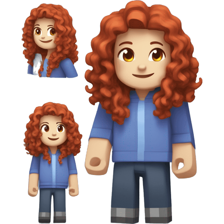 a white girl with long red curly hair and freckles, wearing periwinkle Minecraft hoodie playing a videogame smiling emoji