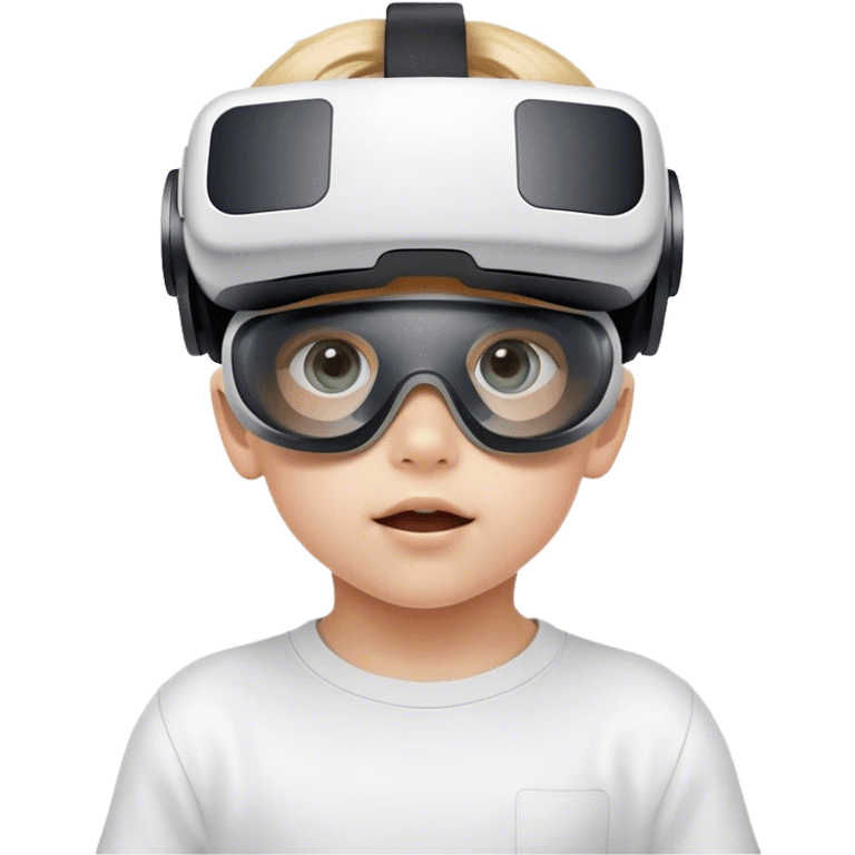 Child wearing virtual reality glasses, with a curious and engaged expression, exploring the digital world through VR technology. emoji