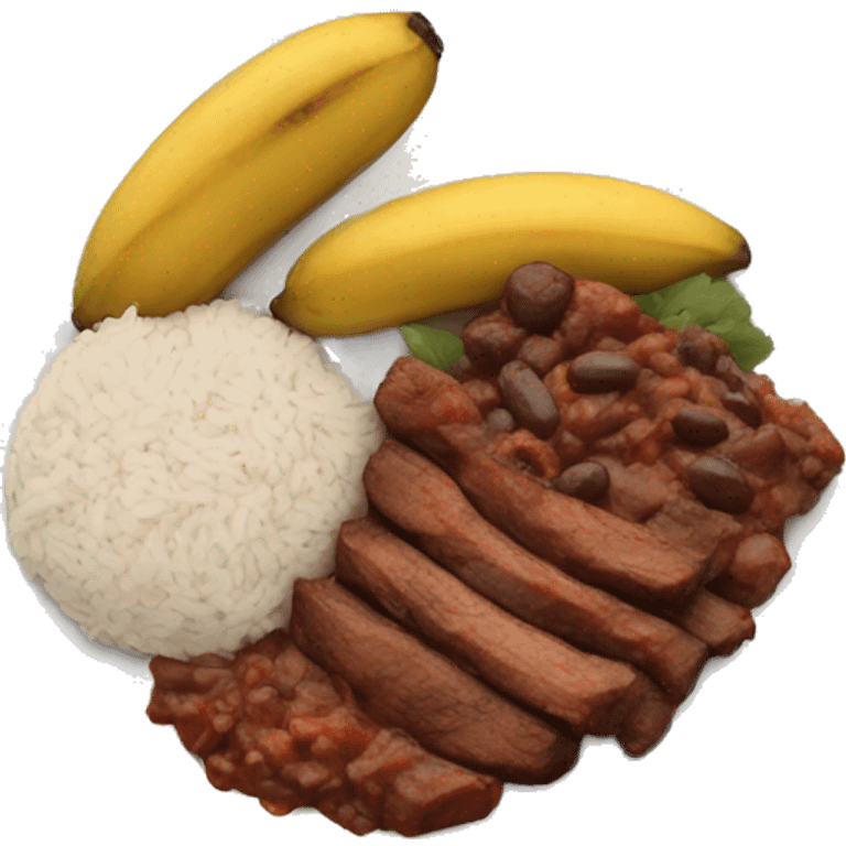 A plate with cooked meat in sauce , rice and fry male plantains and black beans emoji