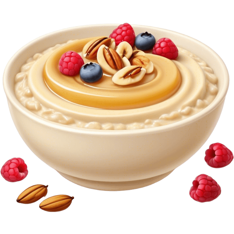 Cinematic creamy oatmeal, smooth texture with a swirl of honey on top, garnished with fresh berries and nuts, warm and comforting, cozy golden tones, rich and delicious. emoji