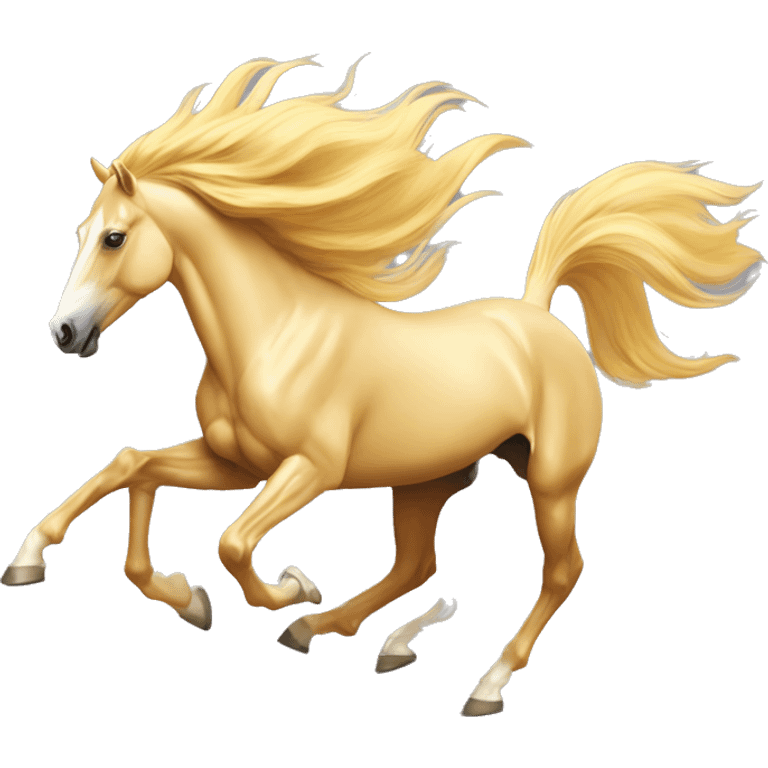 Yellow palomino horse with long flowing mane galloping with prosthetic leg, slender horse, solid yellow horse, running, yellow horse galloping with prosthetic leg, pretty horse emoji