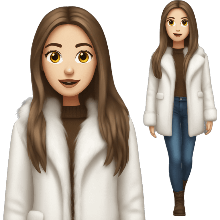 Beautiful white girl with straight brown long hair in white fur-coat emoji