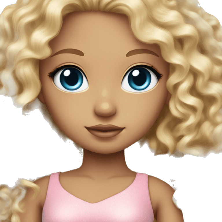 Tan skin, ocean blue doll eyes, blonde curly long hair, feminine, pink dress , girl, angelic emoji