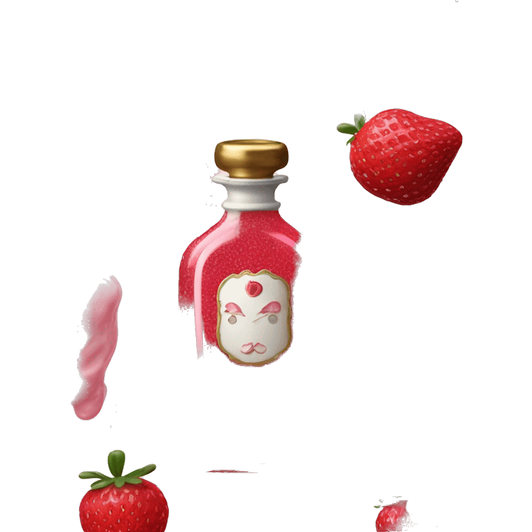 Antique parfumerie bottle with oil, made of red crystals, white cream and pink strawberry milk pour from the bottle emoji