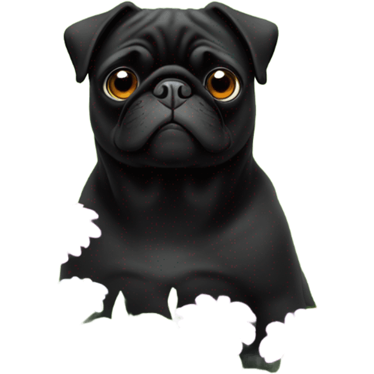 Black pug , surrounded by flowers, holding a green sign that says “good luck”  emoji