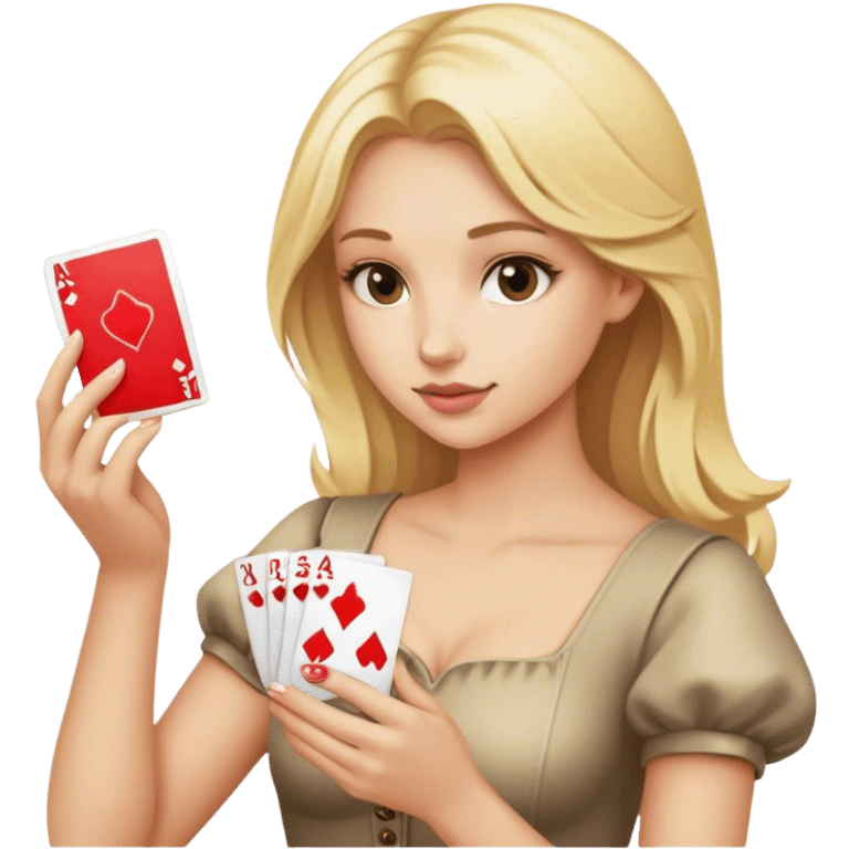 Blonde girl makes a hand on the cards emoji