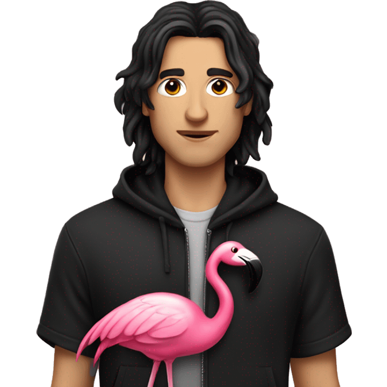 white man with black long hair, with a black zip up hoodie, holding a flamingo emoji