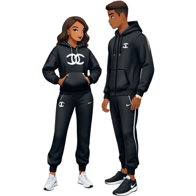 Man with living his dream standing in the master bedroom of a mansion. He’s boo’d up with a pretty Brownskin big booty woman wearing a Chanel outfit with her holding a Chanel bag. The man has on a Nike Tech Fleece sweatsuit. The man isn’t holding a bag emoji