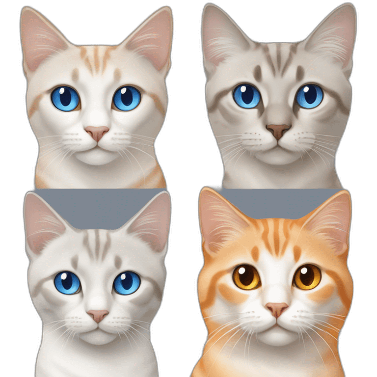 three cats, one grey lynx point siamese cat with blue eyes, one orange and white tabby cat, and one all orange cat with orange eyes emoji