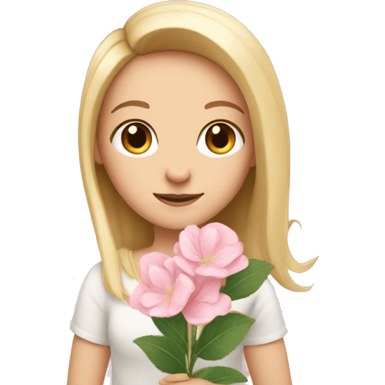 White girl is holding soft pink flower emoji