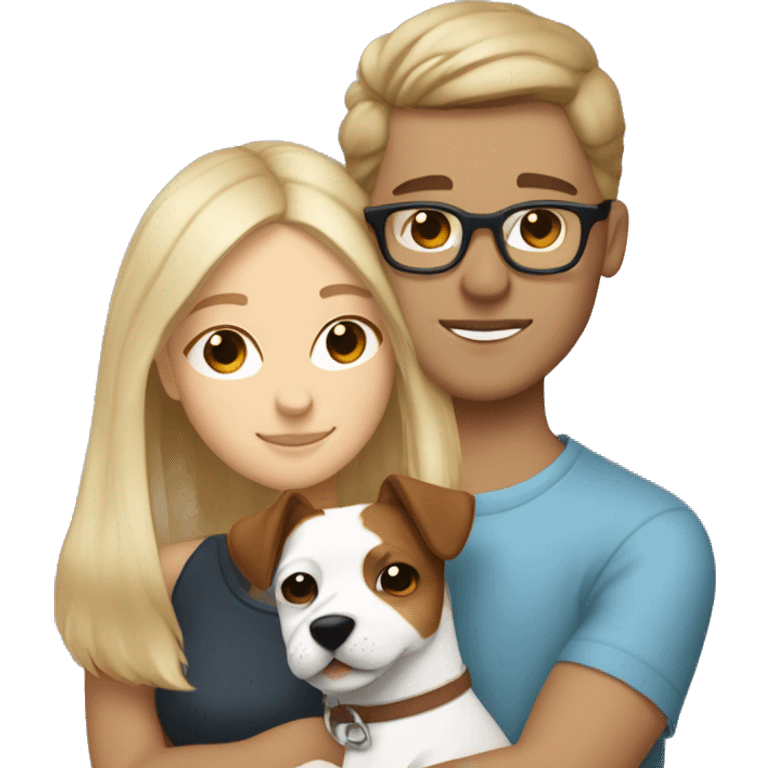 Blonde girl and her white boyfriend with brown hair and glasses cuddling a jack Russell  emoji