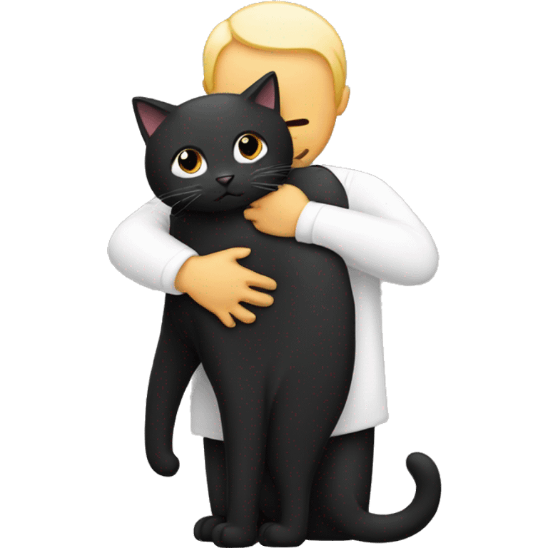 person hugging a black cat with white chest and paws emoji