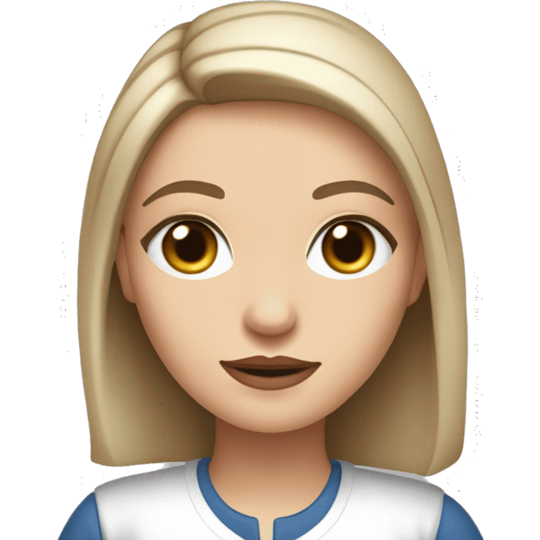 Slavic woman with blue eyes, eyes look up, fair skin, straight gradient medium length hair, eyes makeup, dressed in white T-shirt and office black jacket. emoji