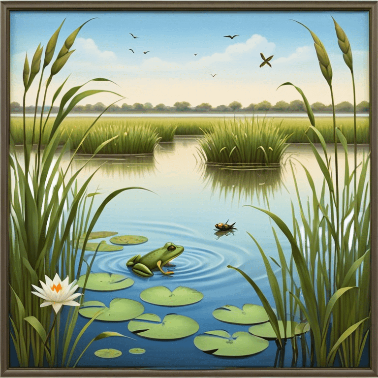 Cinematic Realistic Wetlands Emoji in a wooden frame, Peaceful and serene, with tall grasses swaying in the breeze and soft, muddy waters reflecting the sky above. Small birds and insects flit among the reeds while lily pads float lazily across the surface, punctuated by the occasional croak of a frog or splash of a fish. Soft glowing outline, capturing the essence of a calm, tranquil wetland brimming with life and natural beauty. emoji