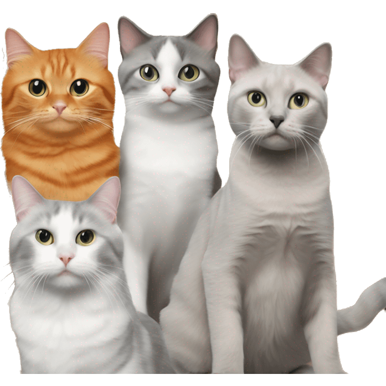 1 orange cat, 1 gray and white cat, 1 gray tabby cat, and 1 ragdoll cat at birthday party emoji