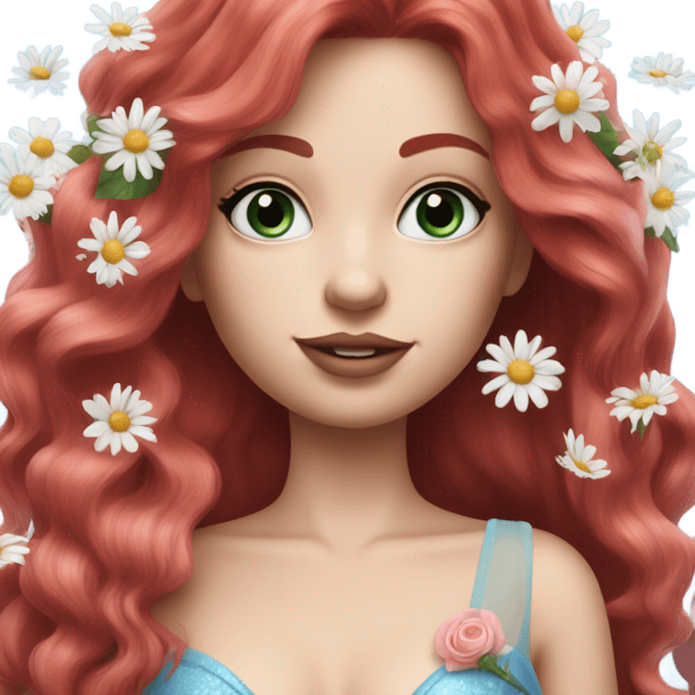 Realistic european woman with longer red  hair with pink roses & white daisies in hair wearing mermaid style blue dress emoji