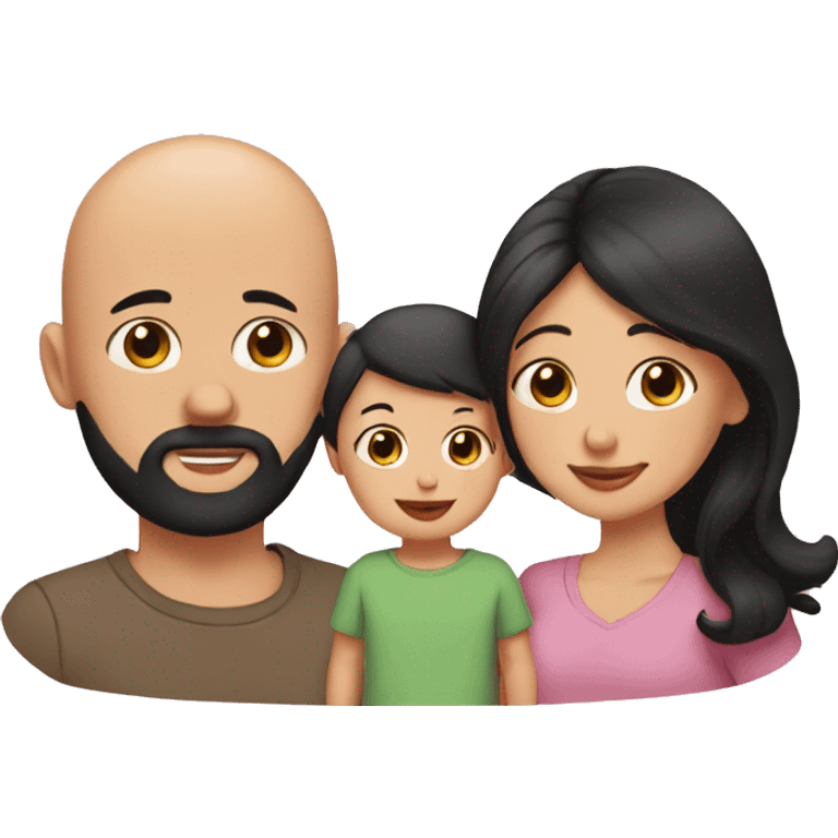 bald tan dad with black beard, pale mom with long straight black hair, and small baby with black hair emoji