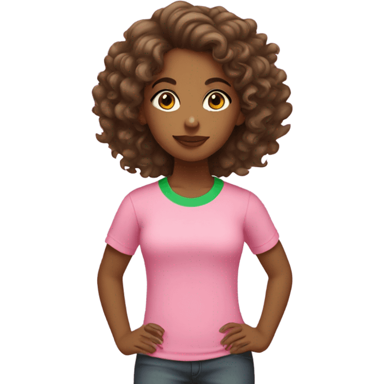 Brown girl with curly hair wearing pink and green t-shirt emoji