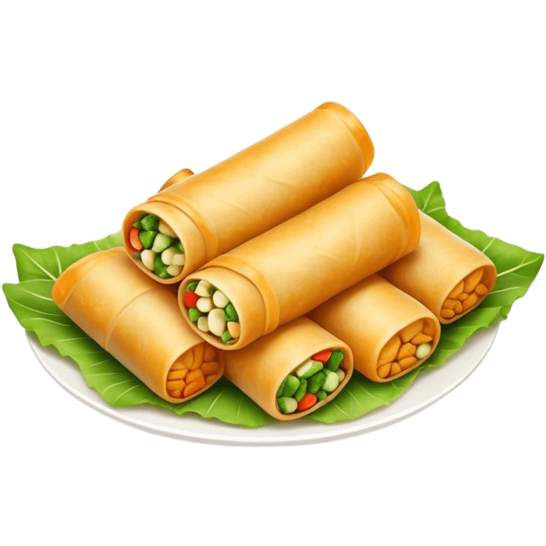 Cinematic Realistic Spring Rolls Dish Emoji, featuring golden, crispy rolls filled with fresh vegetables rendered with detailed textures and warm natural lighting. emoji