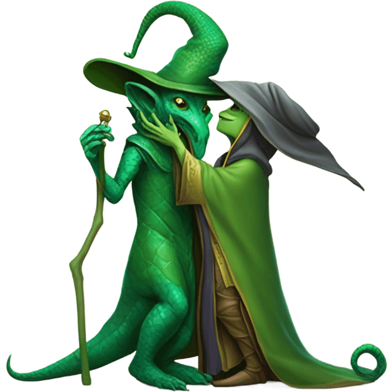 a Reptilian alien woman kissing a wizard emoji