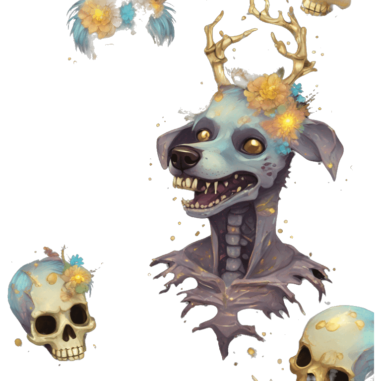 iridescent kintsugi fluffy zombie black brown gold dog fox head zombie skeleton gold mechanical nebula galaxy stars colorful flowers fairy lights vintage zombie emoji