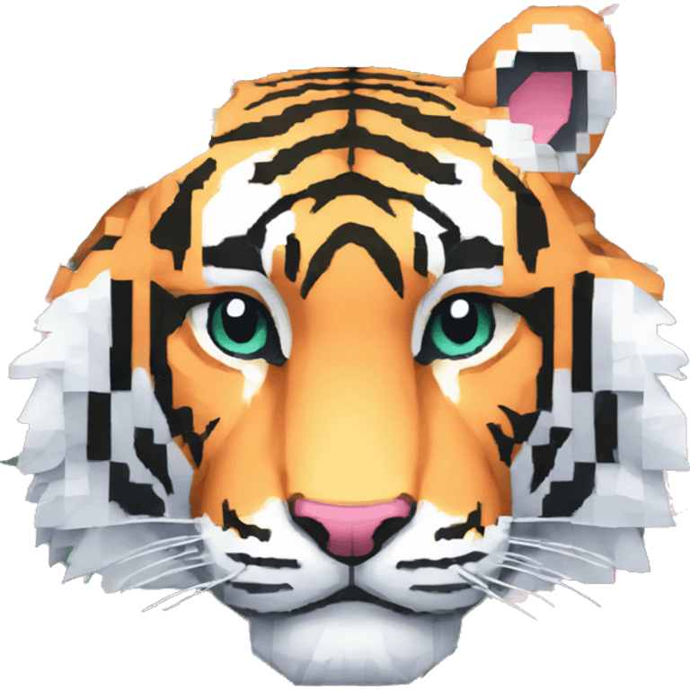 Pixel art of a pixel pastel tiger wearing tropical flowers and leaves, flower crown, floral, pixel emoji