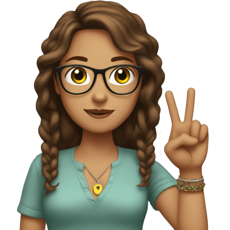 A white women with brown hair emoji with glasses, green eyes and doing the peace sign with bracelets around her wrists emoji