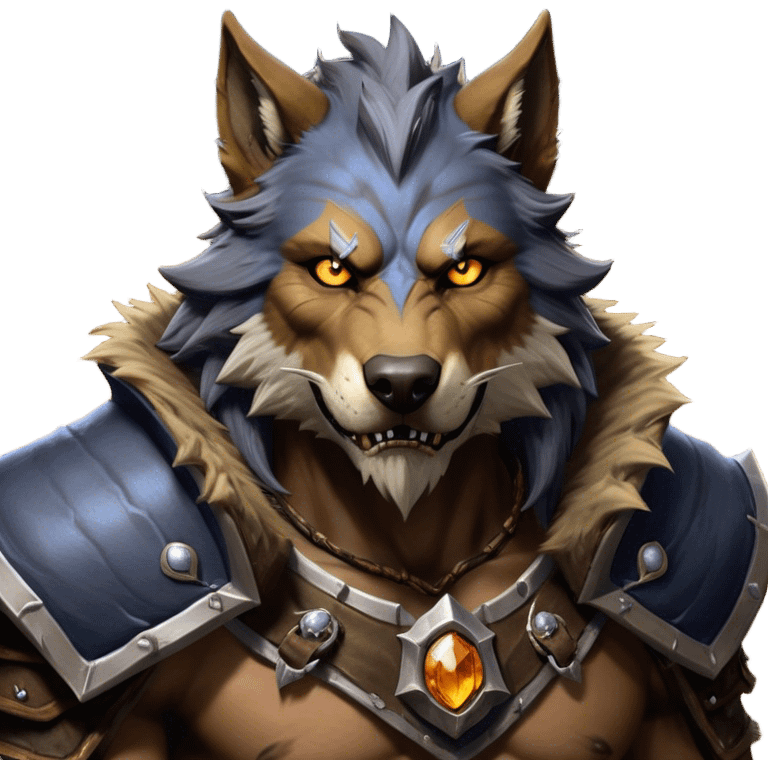 Cinematic Realistic WoW Worgen Portrait, head tilted epicly and inquisitively, showcasing the striking fusion of human intellect and beastly ferocity. His rugged fur and tanned skin, accented by piercing amber eyes and meticulously rendered worn leather garments, are bathed in dynamic lighting, high shine, epic and awe-inspiring, capturing the relentless spirit of a worgen at the apex of his power. emoji