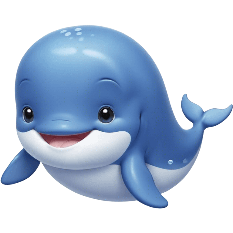 Cinematic happy baby whale, chubby rounded body, tiny smiling face, soft pastel blue hues, gentle glowing waves around, joyful and soothing. emoji