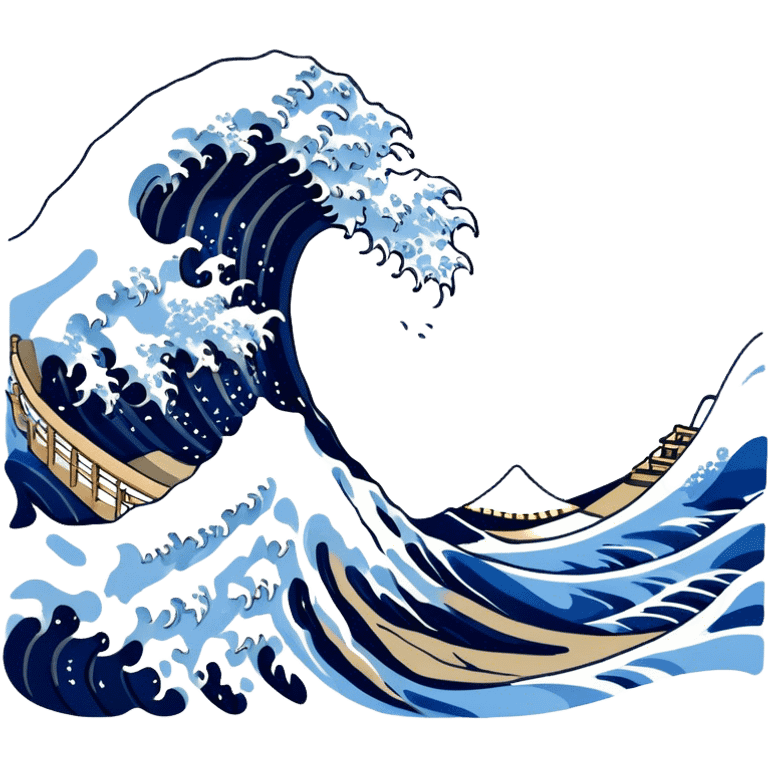 Cinematic Realistic Great Wave off Kanagawa, depicted as a colossal, crashing wave with dynamic blue hues and frothy white crests, rendered with intricate textures and fluid motion that captures both the timeless power and poetic beauty of the iconic Japanese artwork emoji