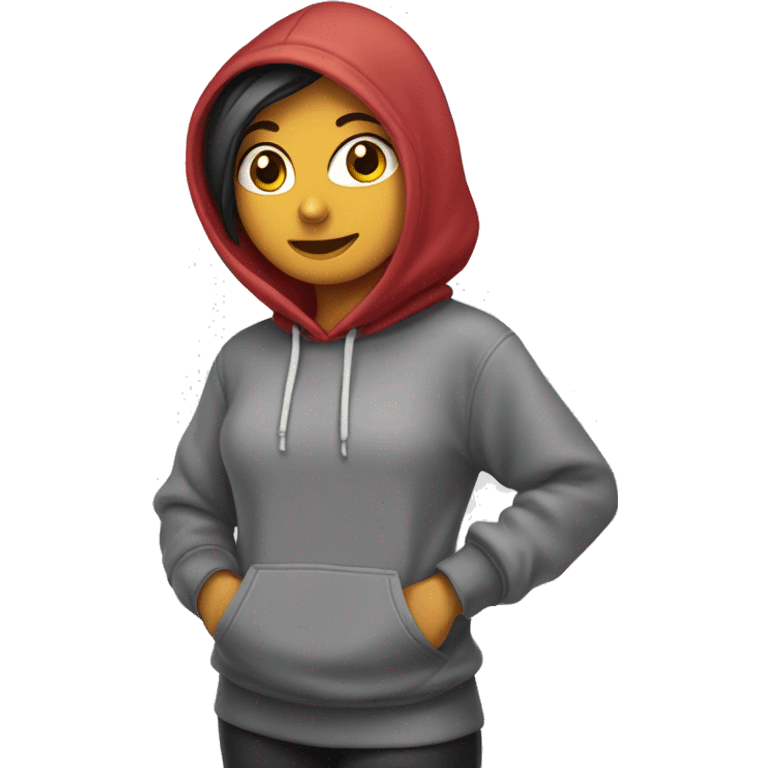 una chica morena con una sudadera y una capucha saludando emoji