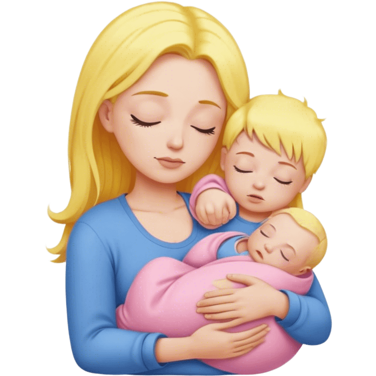 A mother with yellow hair and pink clothes holds a sleeping baby in blue clothes emoji