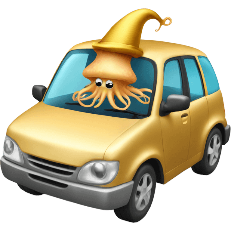 A squid wearing a gold hat while driving car emoji