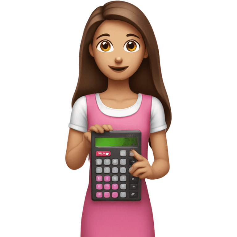 Pretty Girl with straight brown hair holding one pink calculator in her hand emoji