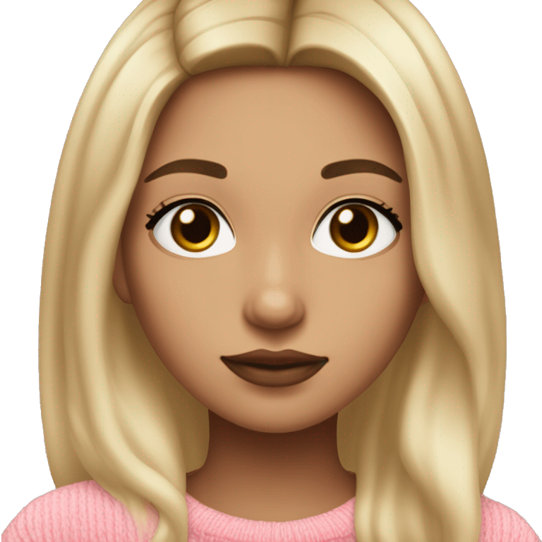 Girl wearing pink sweater with balayage hair dark roots and blonde ends with fair skin tone and dark brown eyes, full lips and small nose emoji