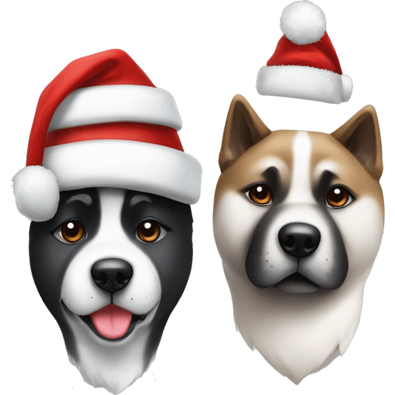 Two American Akita dogs one black and white and the other one just black wearing Christmas hats emoji