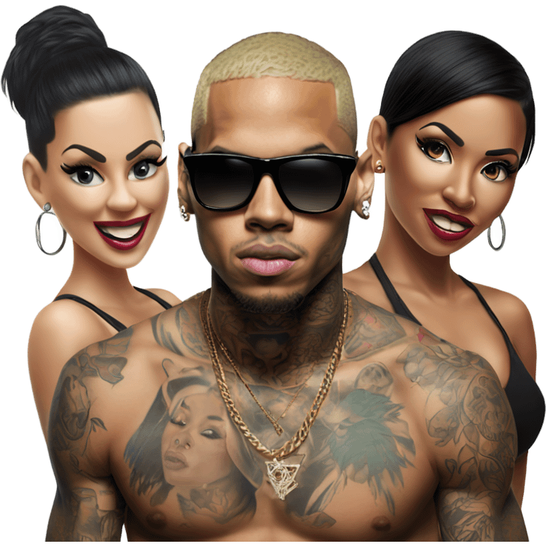 Hyper Realistic Chris Brown  wearing sunglasses with 2 female tattooed dancers emoji