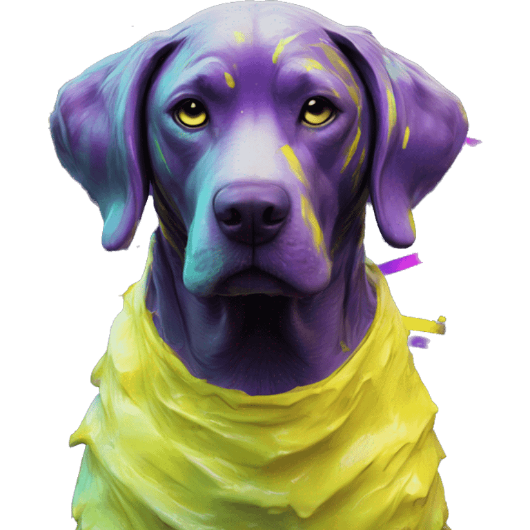 .Zombie_ Vaporwave black holographic oilslick zombie yellow Labrador zombie dog yellow caution tape graffiti stripes iridescent blue purple mane yellow stripes emoji