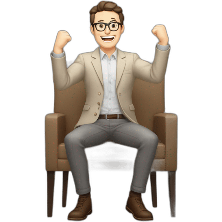 Joyful Celebrating victory Hands up Pale skinned Fit Man With dark brown hair in gray jacket, beige office shirt, Brown pants and vintage glasses sitting In a soft chair emoji